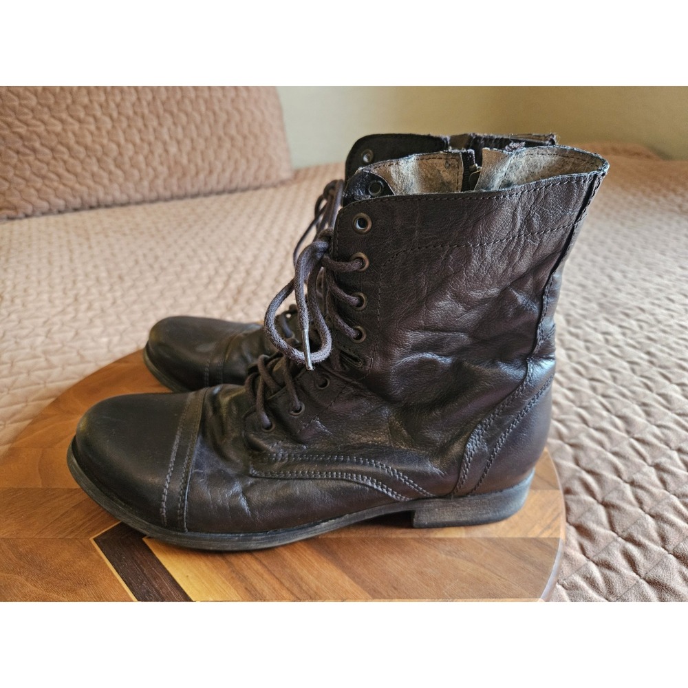 Steve Madden Men's Leather "Troopah" Combat Boots Pre-Weathered Side Zip, 10.5D
